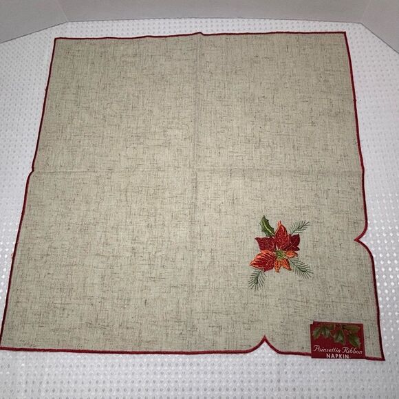 Festive Poinsettia Ribbon Linen Blend Napkins Set of 5 NWT - Picture 3 of 4